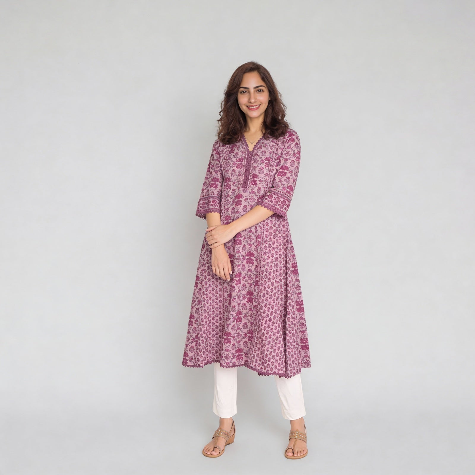 Cotton Printed V-Neck Kalidar Kurta