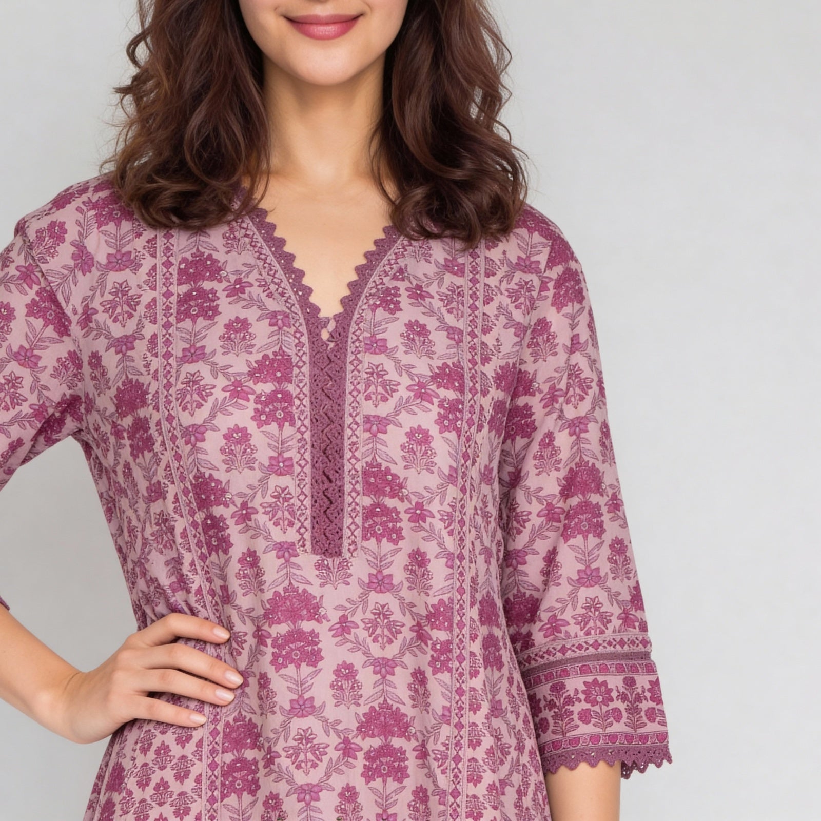 Cotton Printed V-Neck Kalidar Kurta