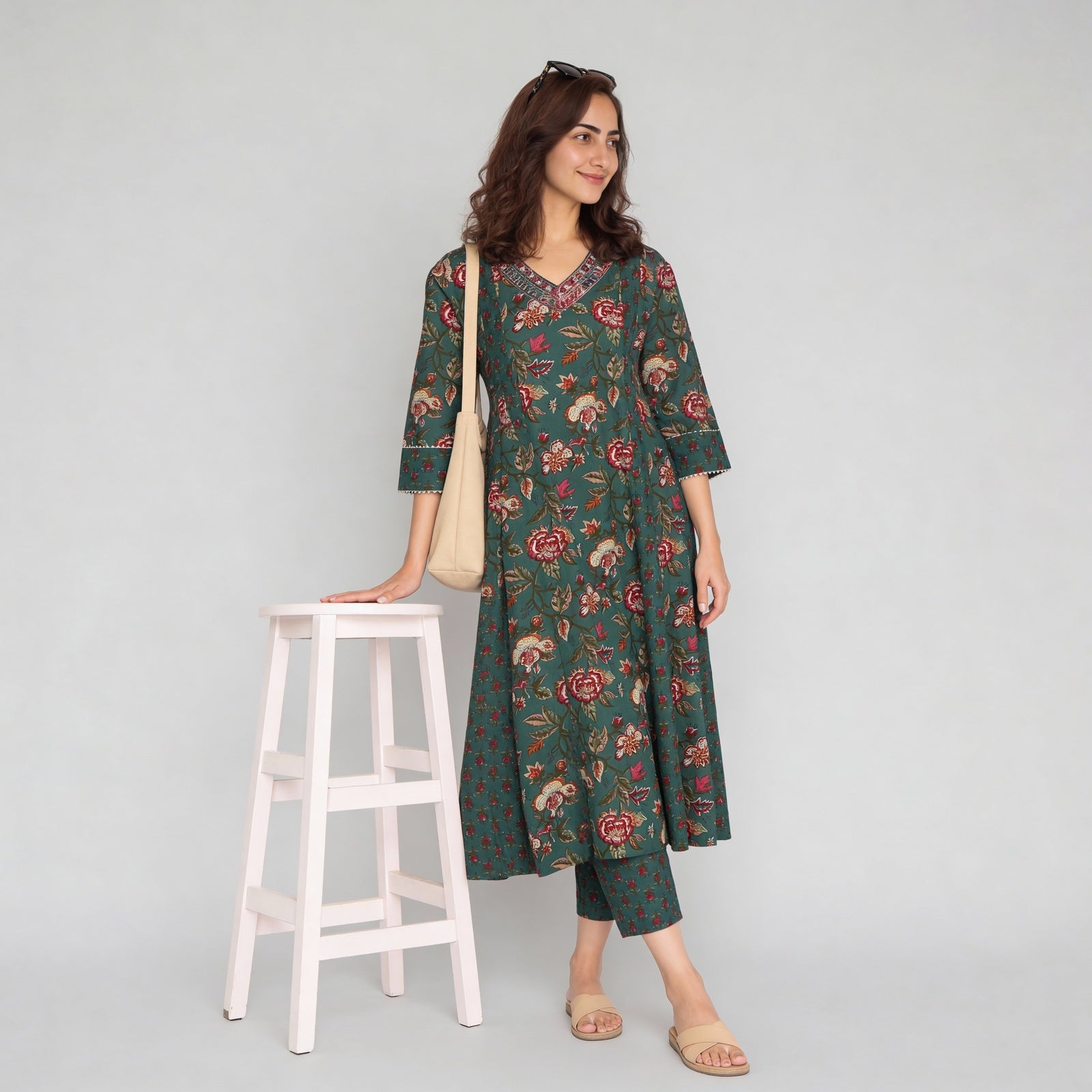 Cotton Printed V-Neck Kalidar Kurta