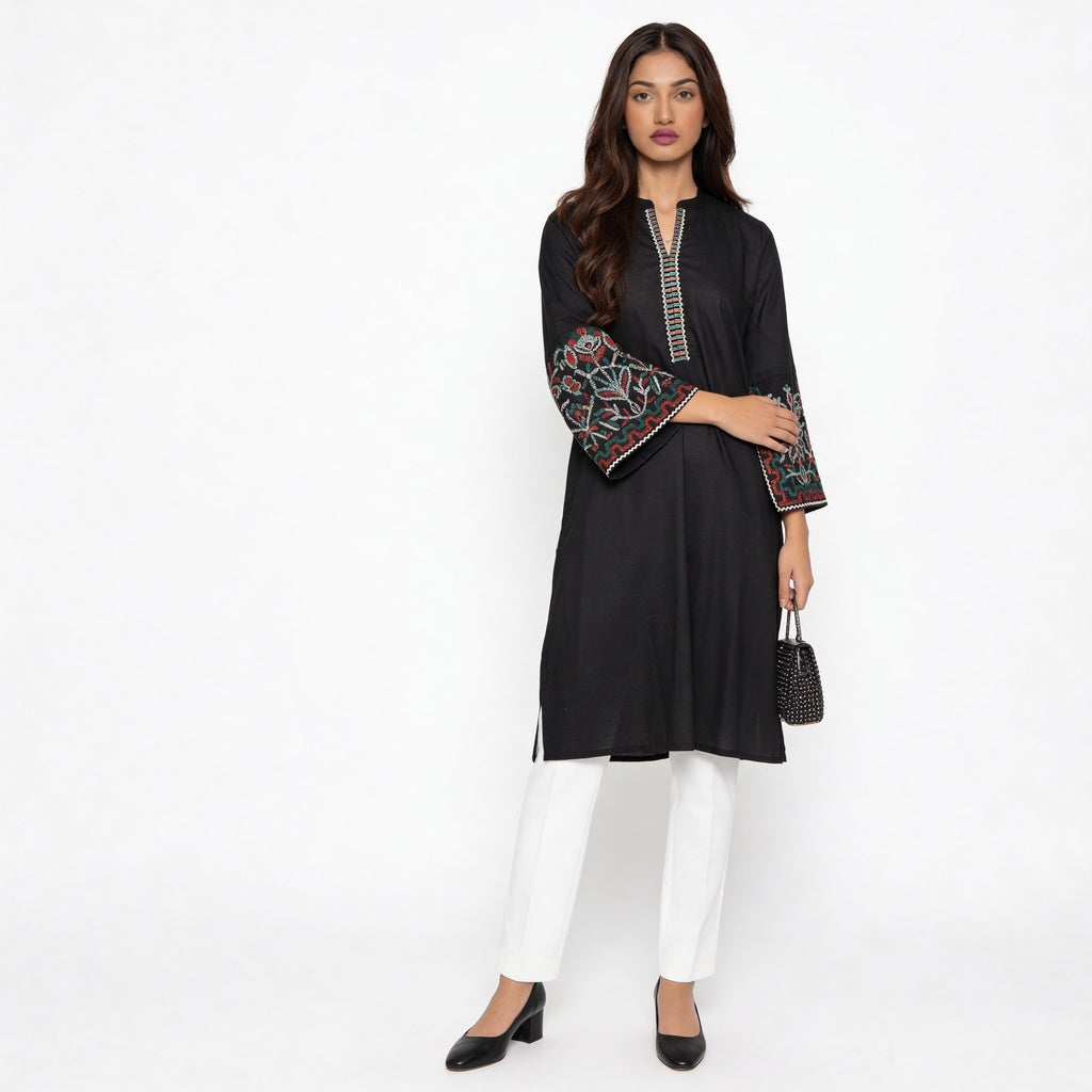 Cotton Embroidered V-Neck Kurta