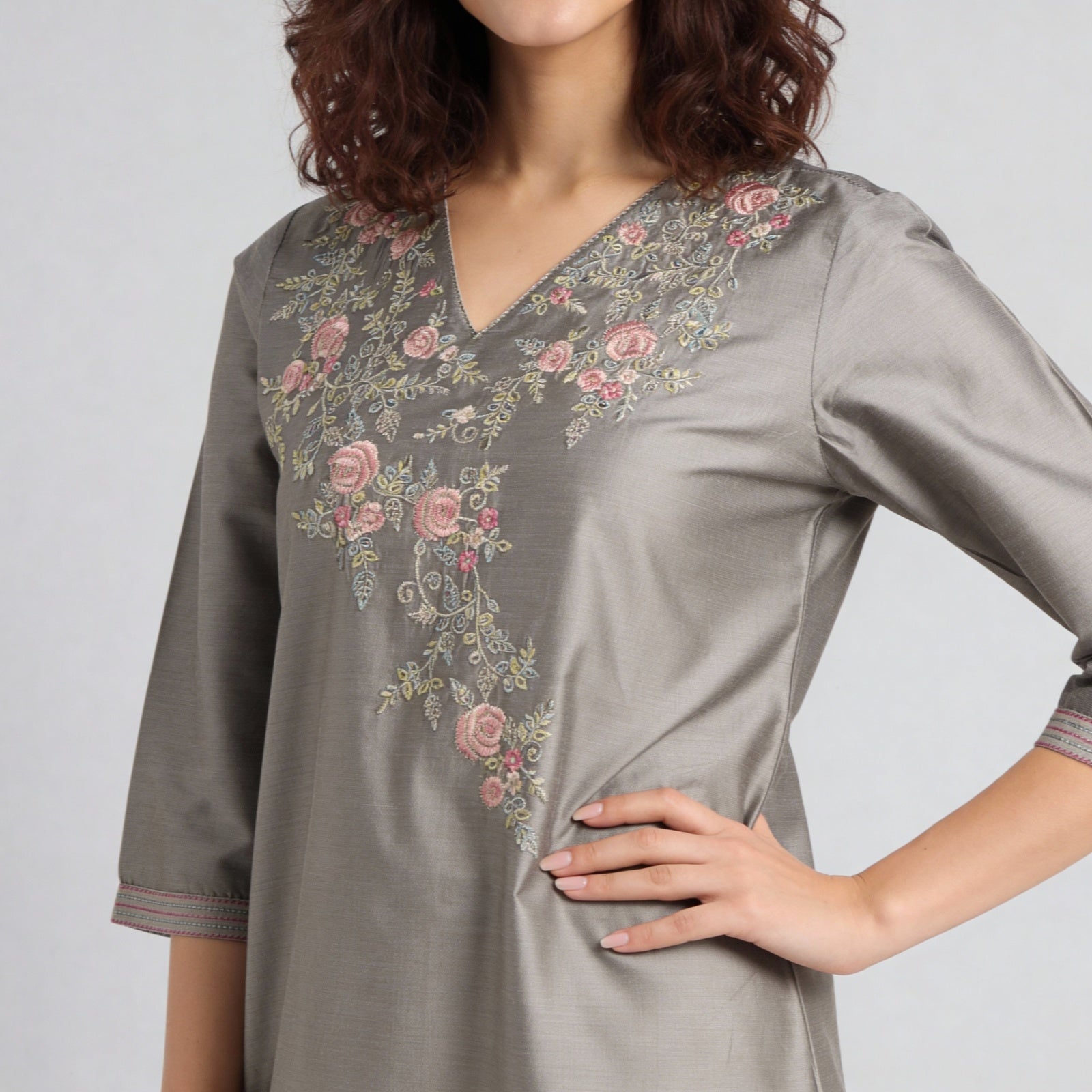 V-Neck Embroidered Straight Kurta