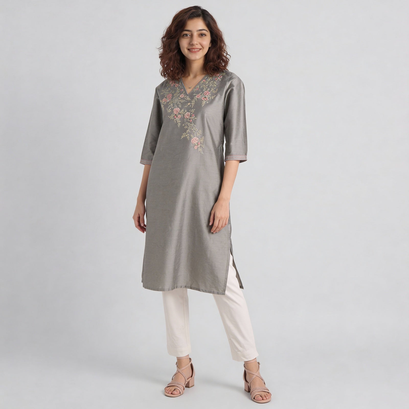 V-Neck Embroidered Straight Kurta
