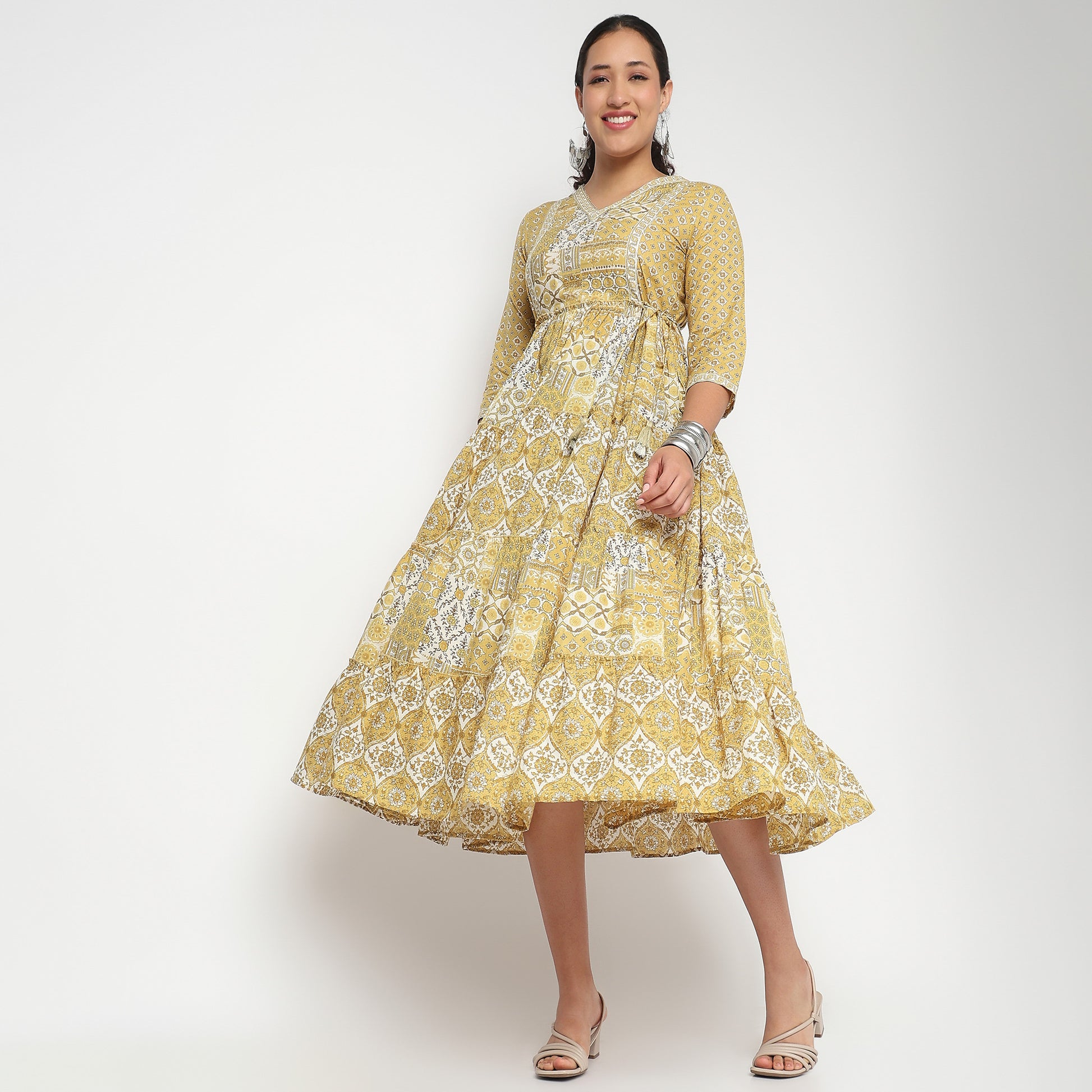 Printed V Neck Tired Kurta