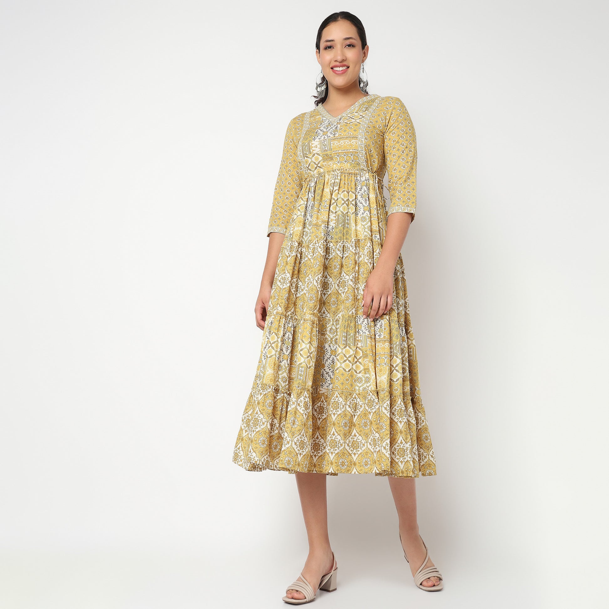 Printed V Neck Tired Kurta