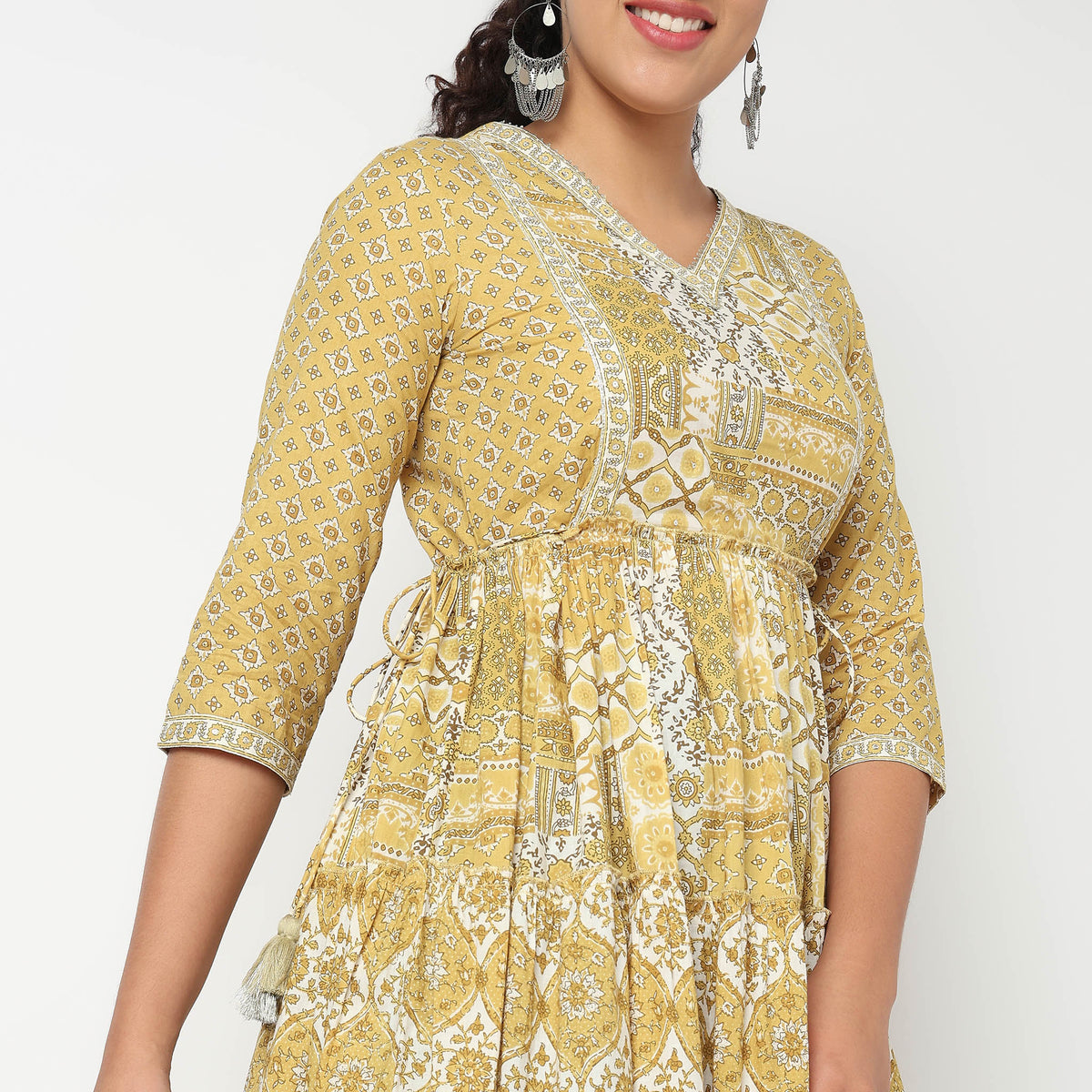Printed V Neck Tired Kurta