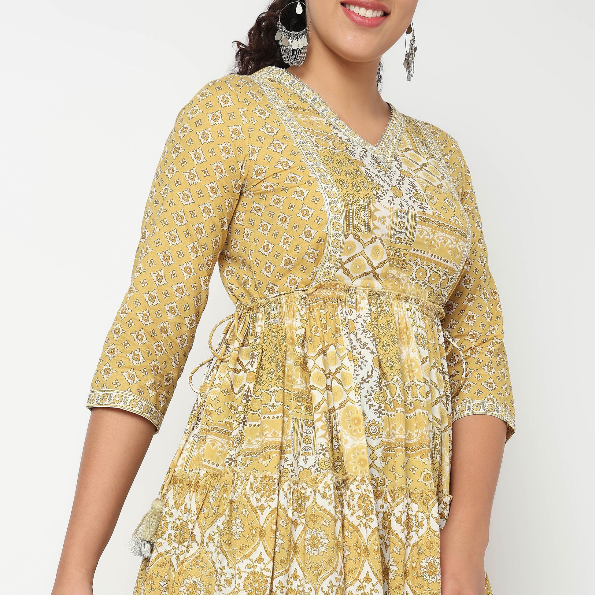 Printed V Neck Tired Kurta