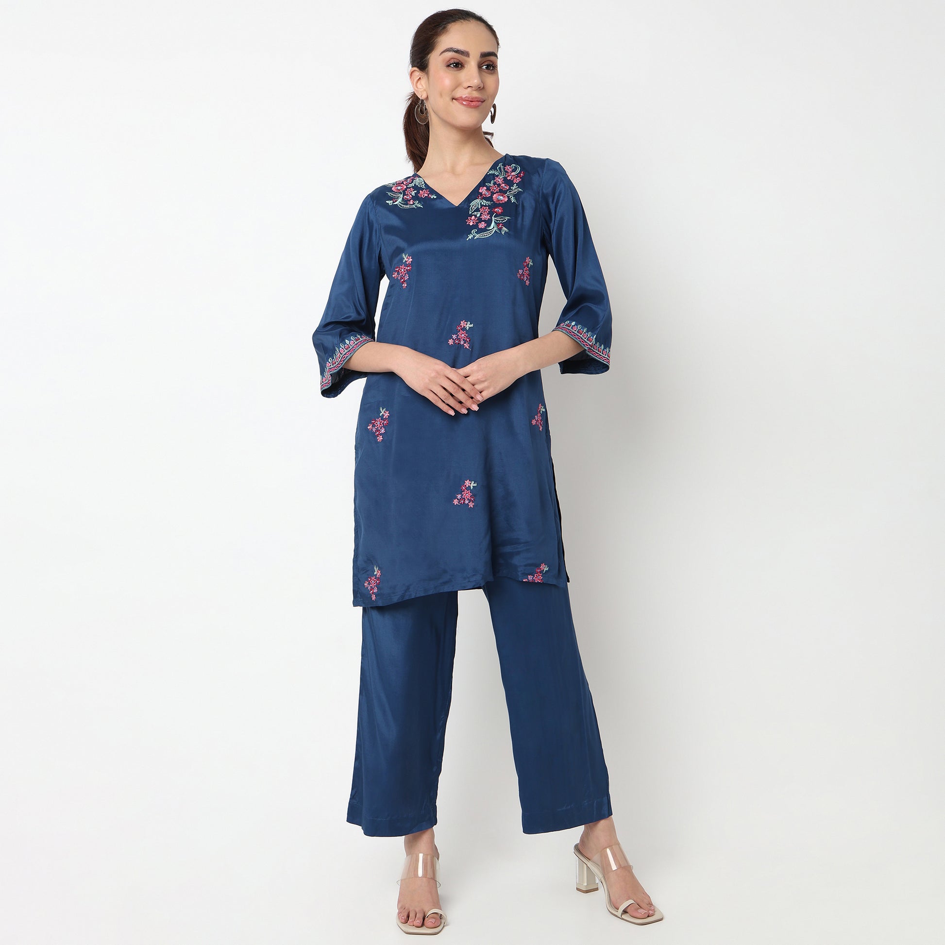 V-Neck Embroidered Straight Kurta