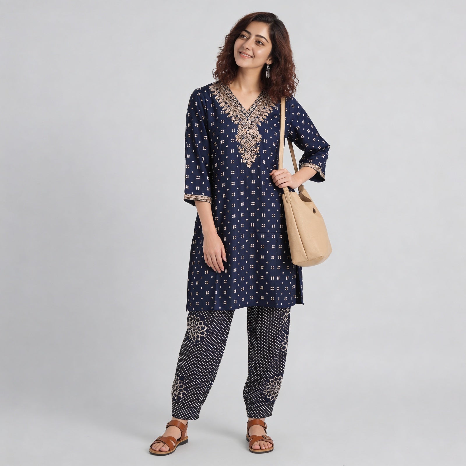 V-Neck Printed Straight Kurta