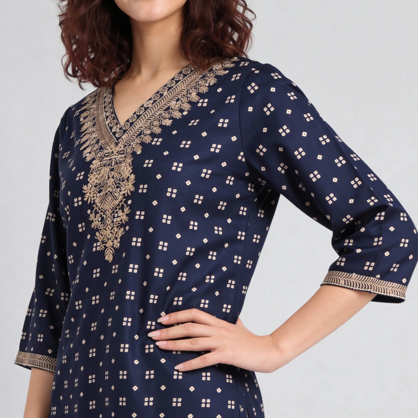 V-Neck Printed Straight Kurta