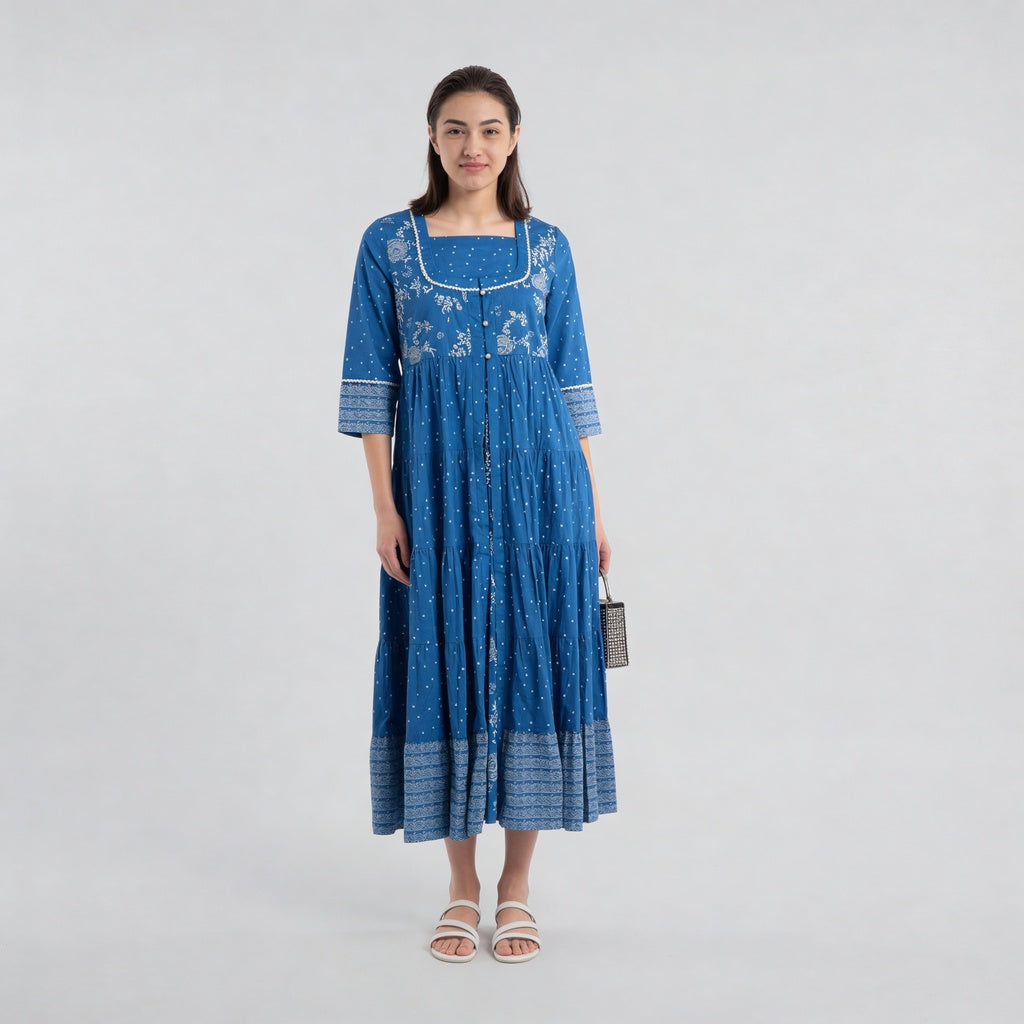 Cotton Printed Tired Jacket Style Kurta
