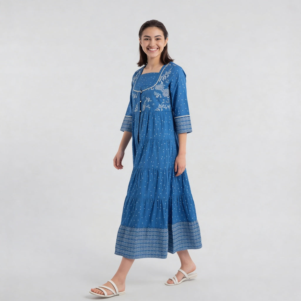 Cotton Printed Tired Jacket Style Kurta