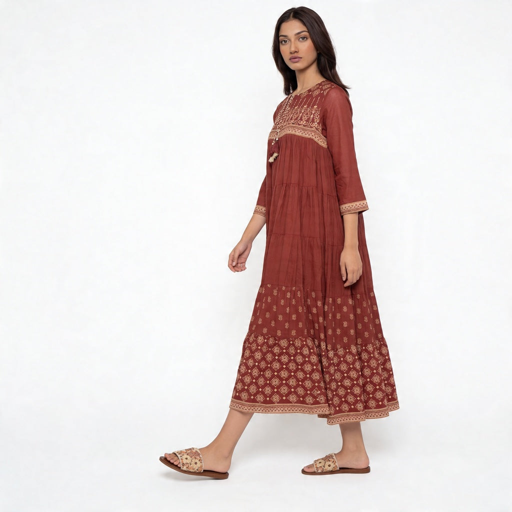 Cotton Embroidered Tiered Kurta
