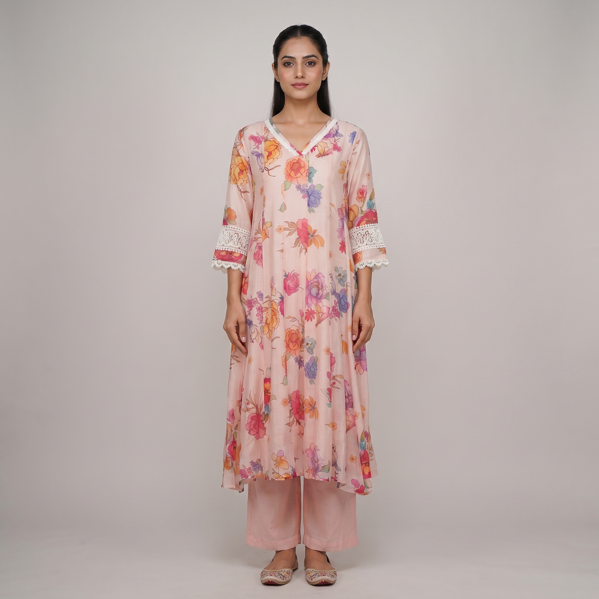Printed V-Neck Kalidar Kurta