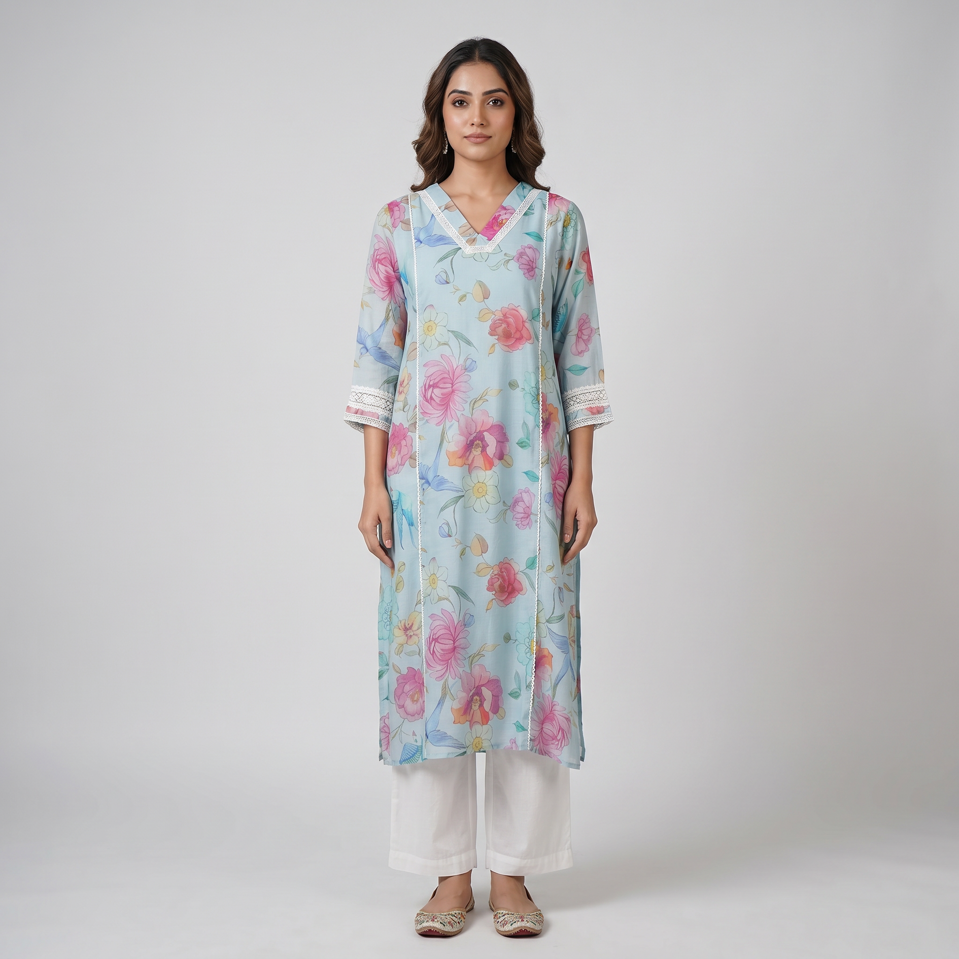 Printed V-Neck Straight Kurta