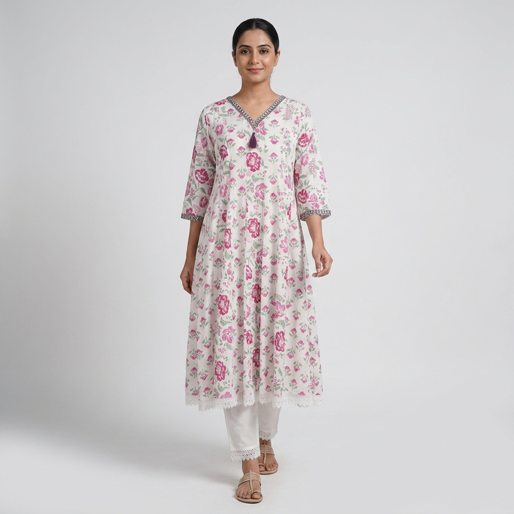 Cotton Printed V-Neck Flared Kurta