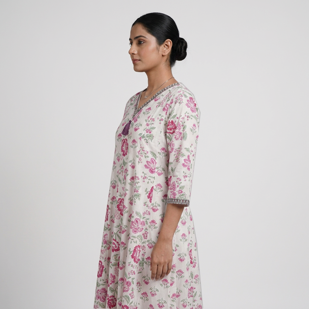 Cotton Printed V-Neck Flared Kurta