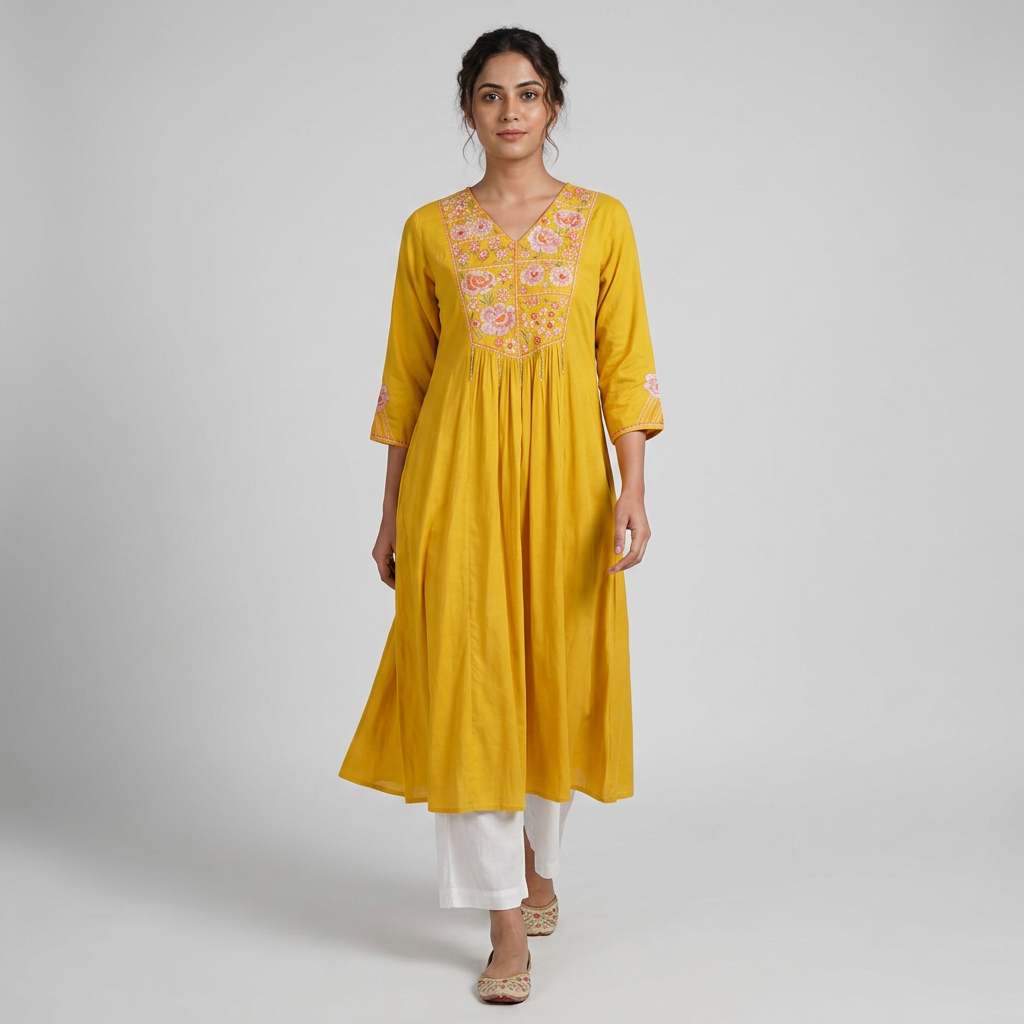 Embroidered V-Neck Flared Kurta