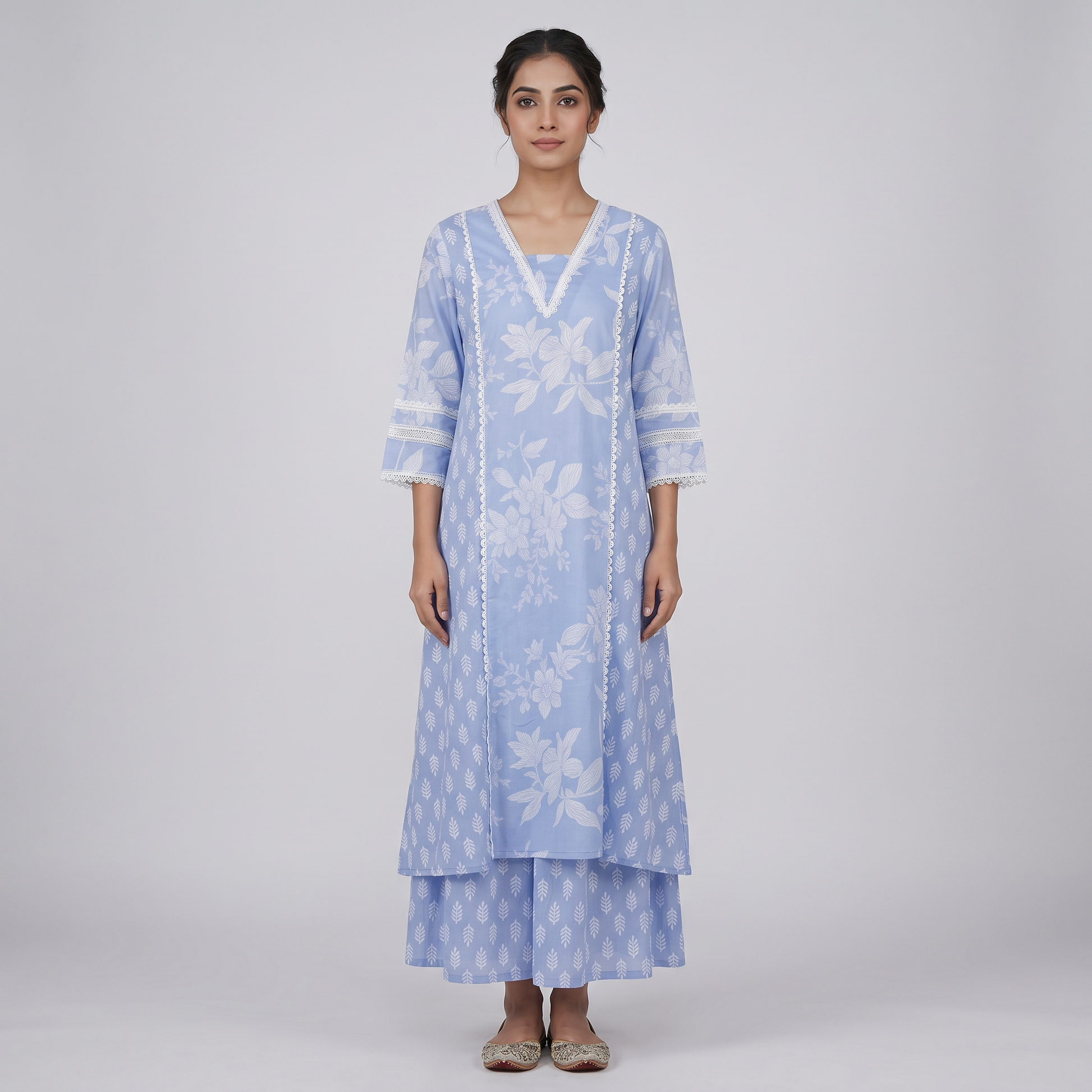 Cotton Printed V-Neck Flared Kurta