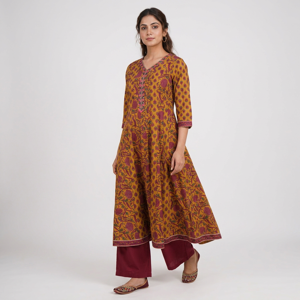 Cotton Printed V-Neck Flared Kurta