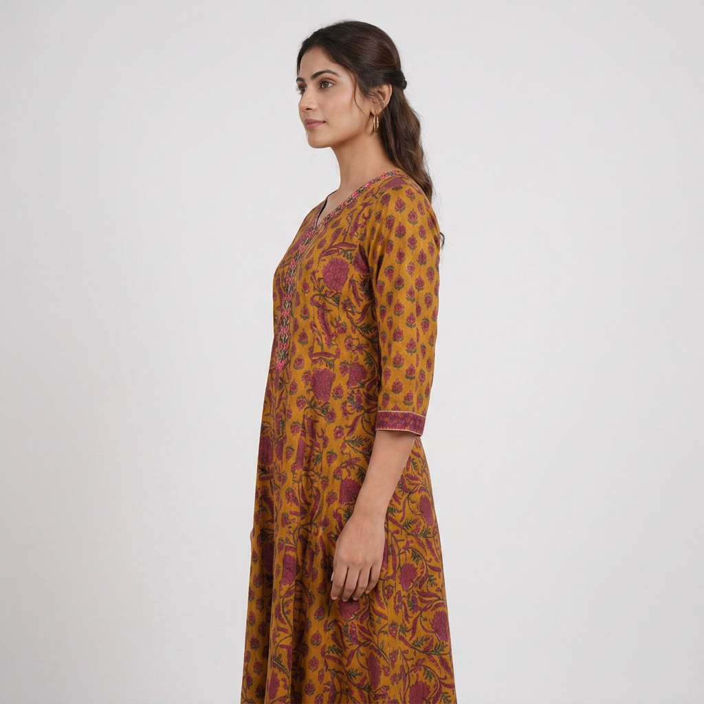 Cotton Printed V-Neck Flared Kurta