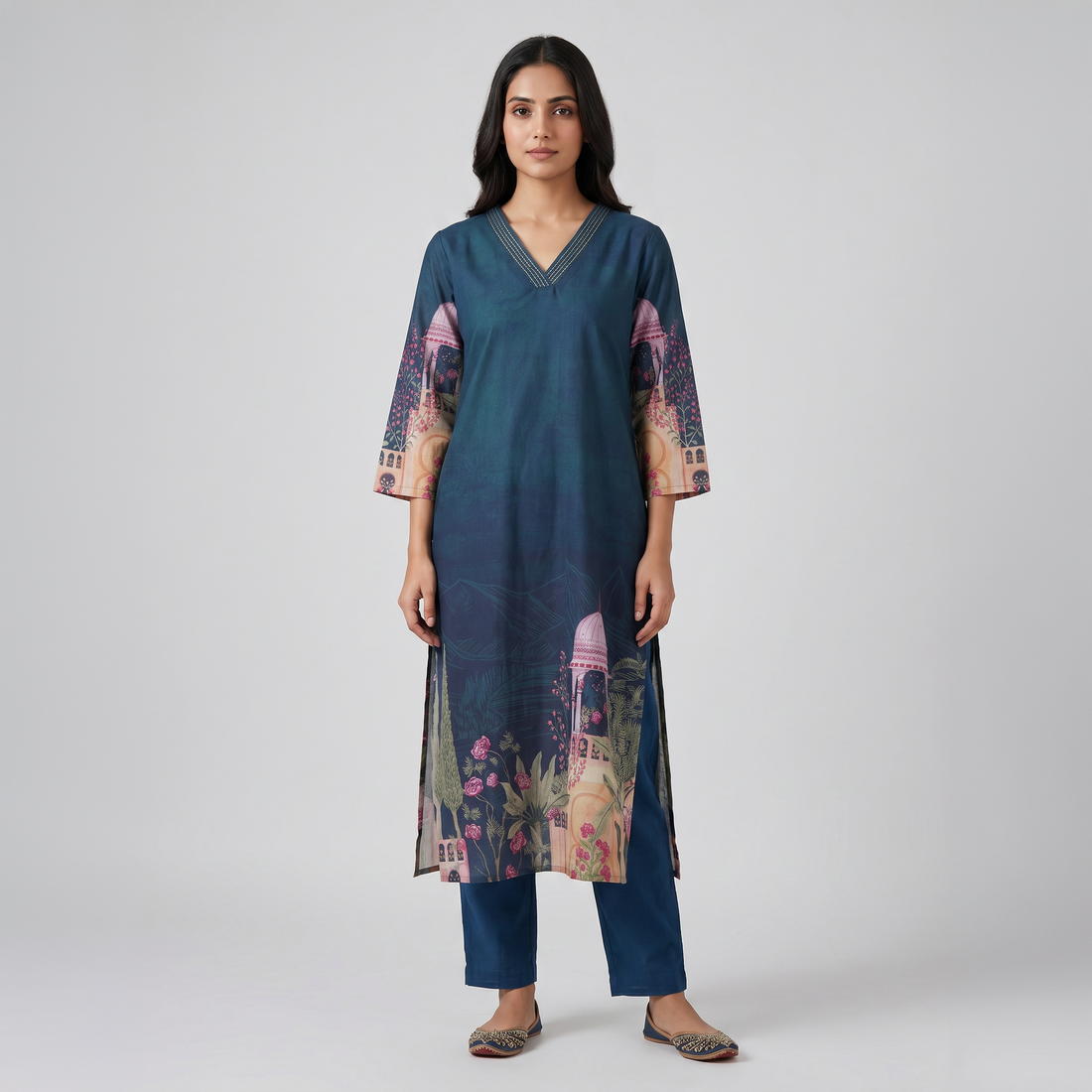 Cotton Printed V-Neck Kurta