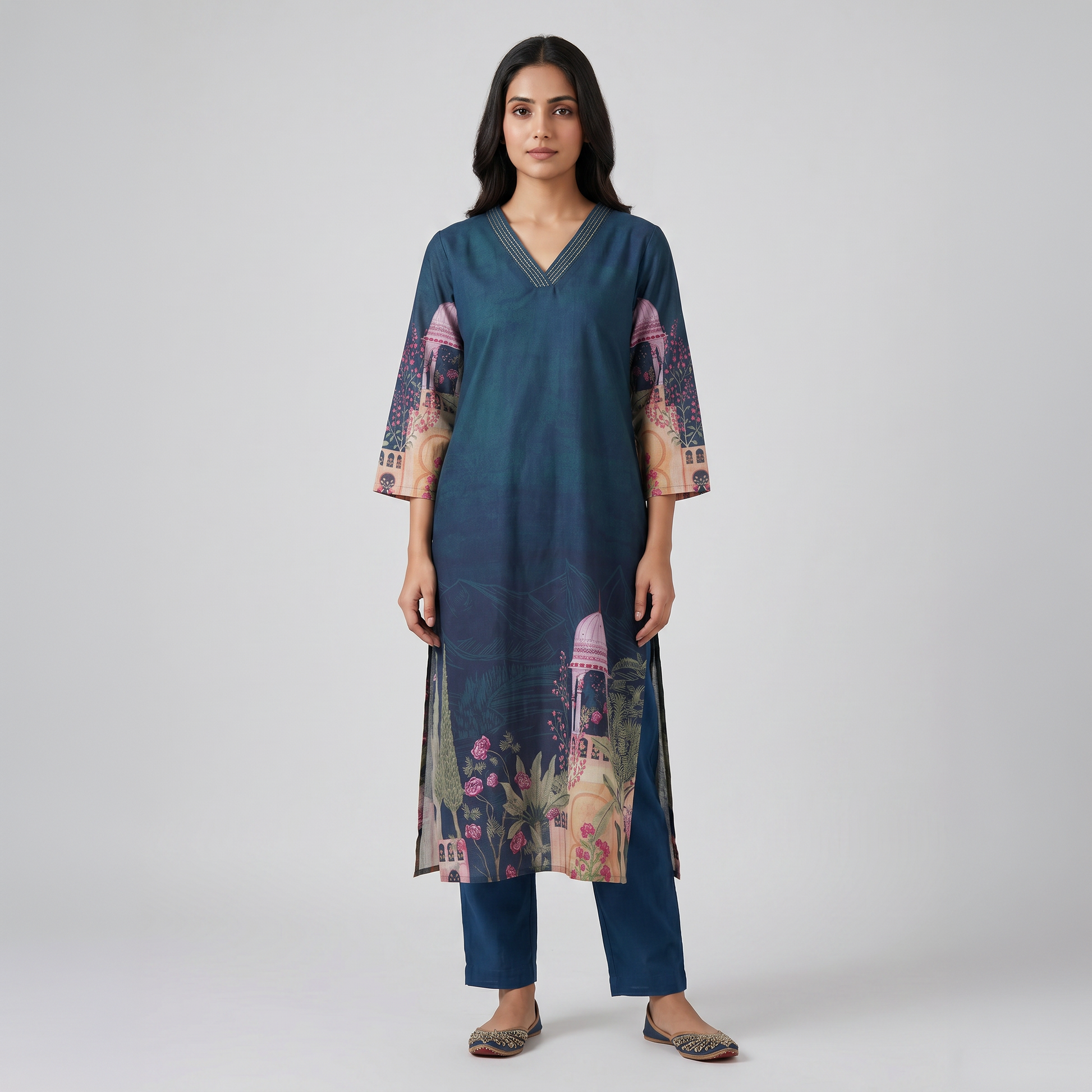 Cotton Printed V-Neck Kurta