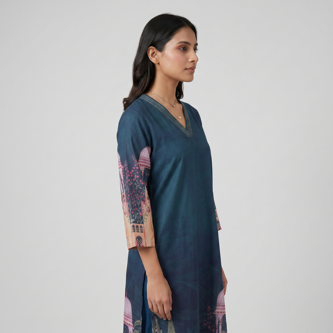 Cotton Printed V-Neck Kurta