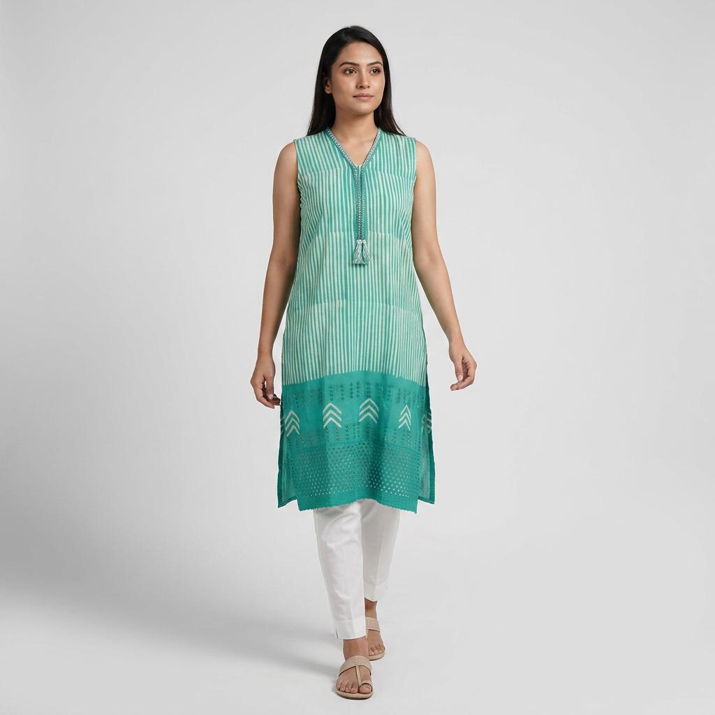 Cotton Striped V-Neck Straight Kurta