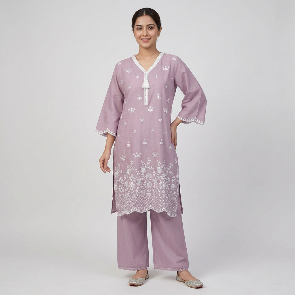 Cotton Embroidered V-Neck Kurta