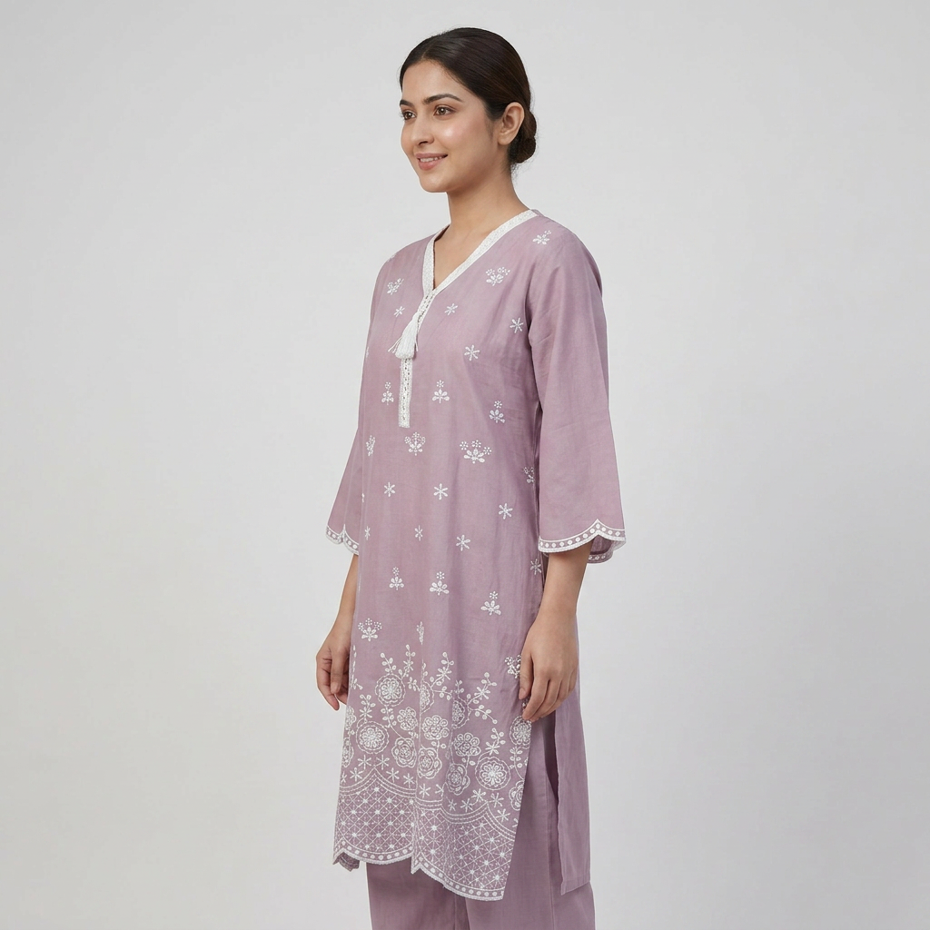 Cotton Embroidered V-Neck Kurta