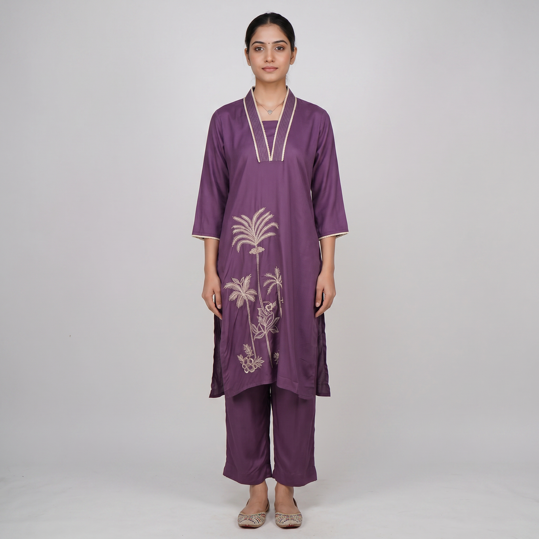 Embroidered V-Neck Straight Kurta