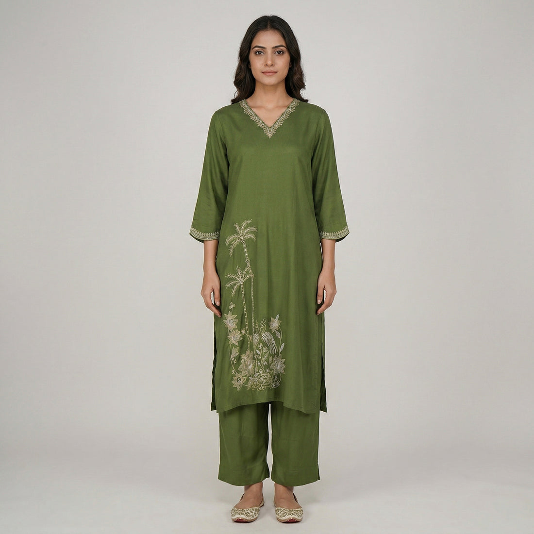 Embroidered V-Neck Straight Kurta
