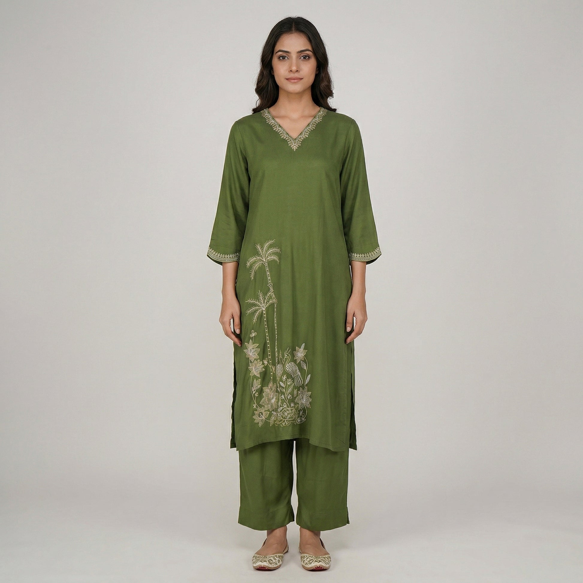 Embroidered V-Neck Straight Kurta