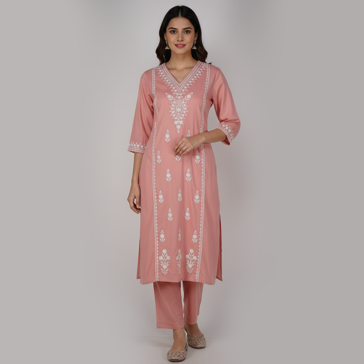 Embroidered V-Neck Straight Kurta