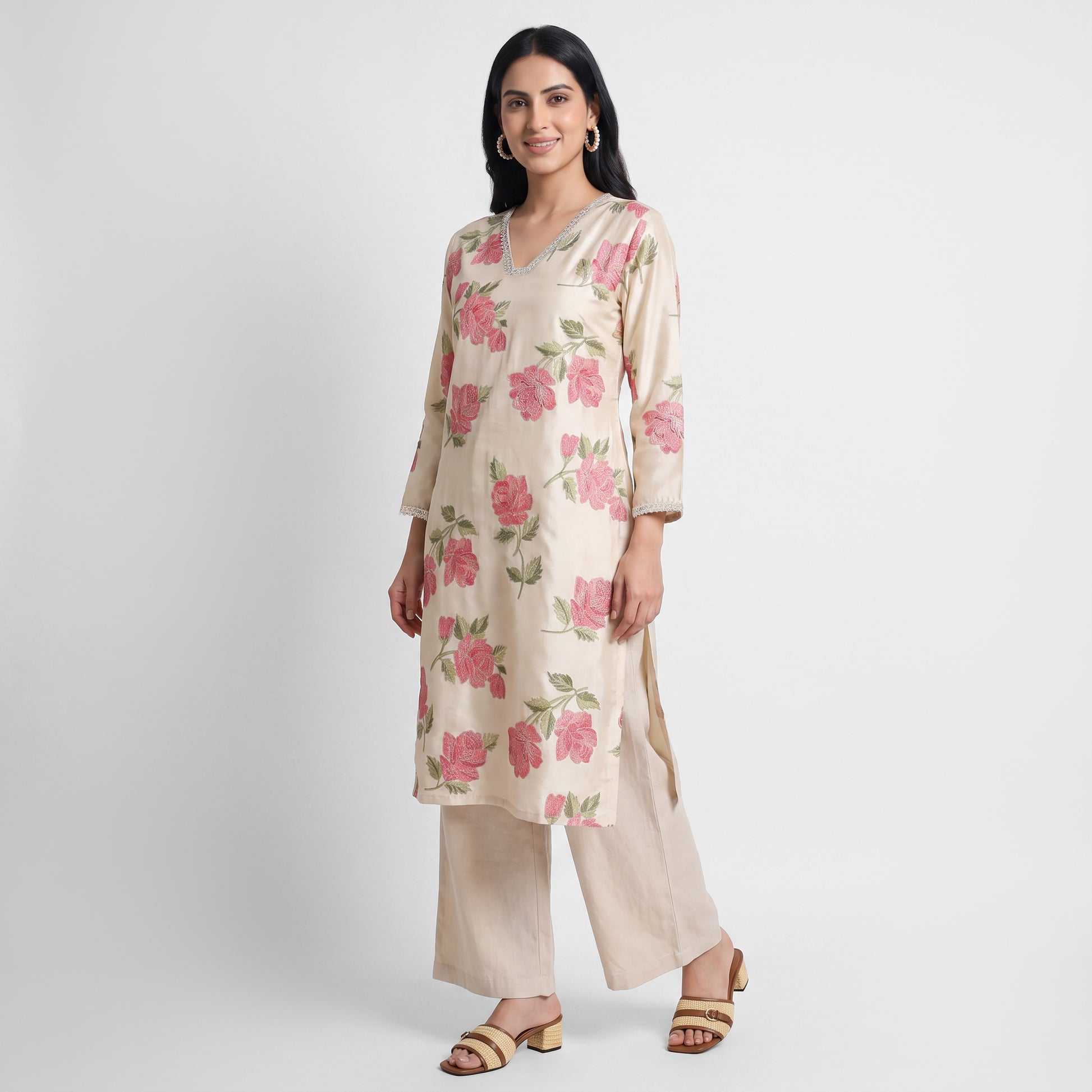 Printed V-Neck Straight Kurta