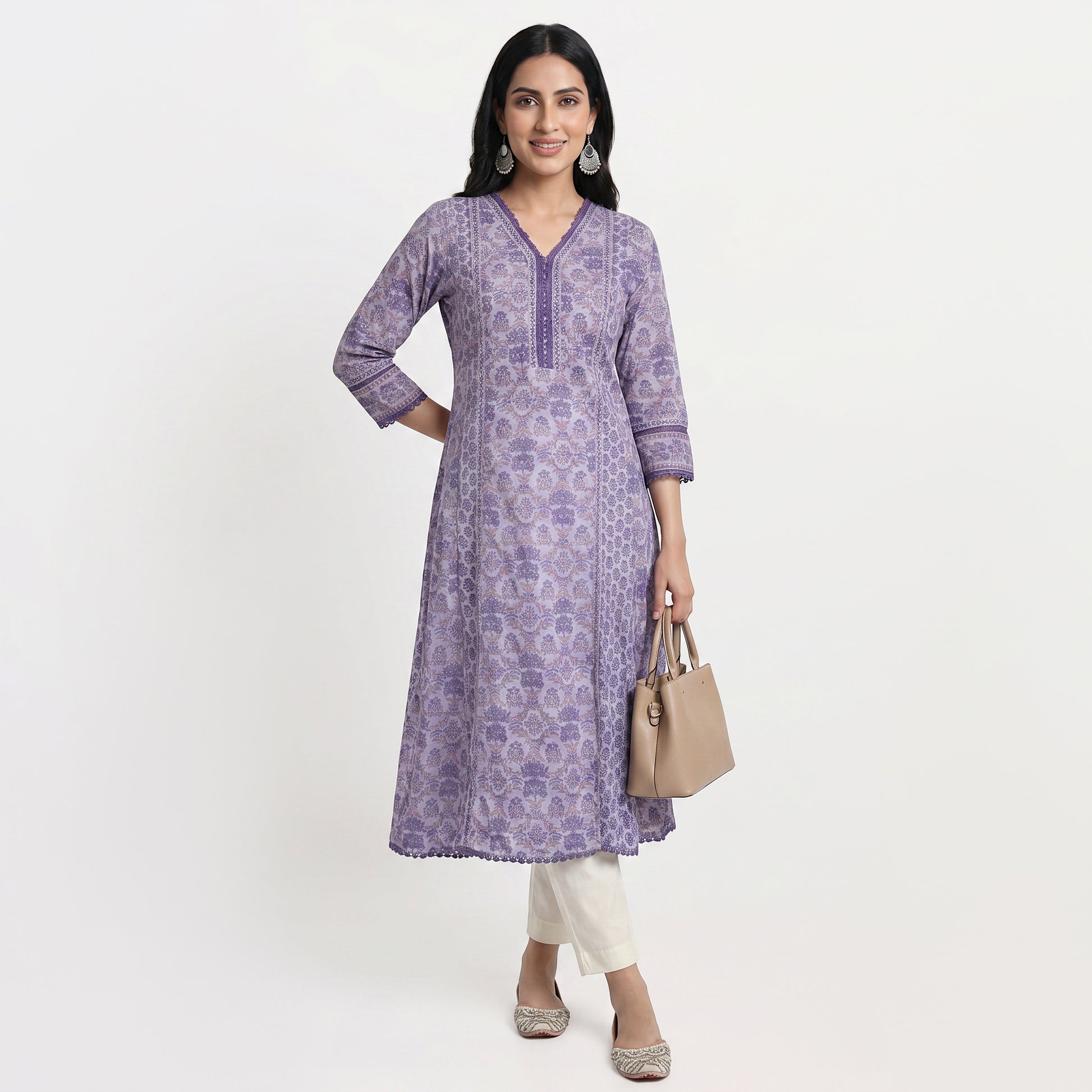 Cotton Printed V-Neck Kurta
