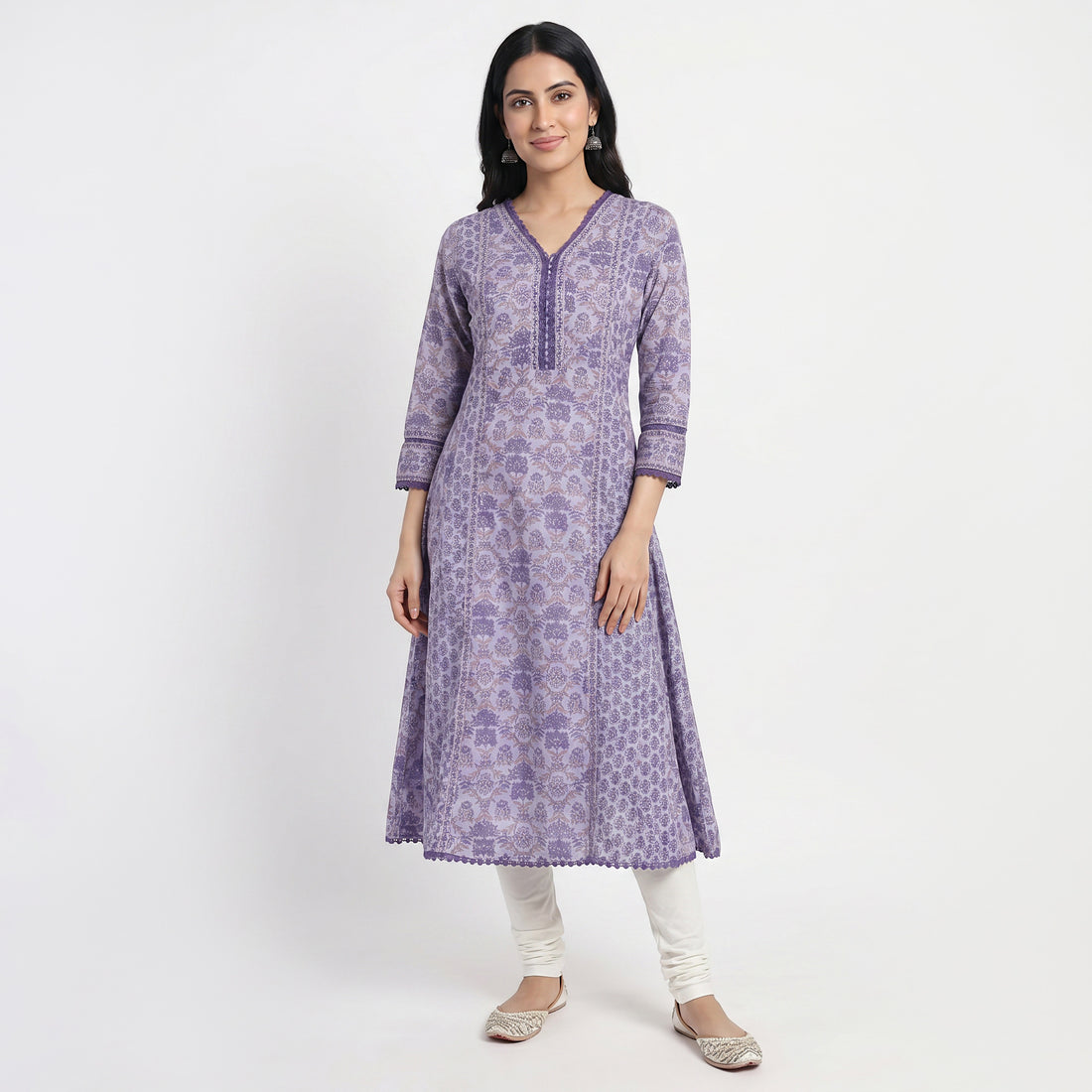 Cotton Printed V-Neck Kurta