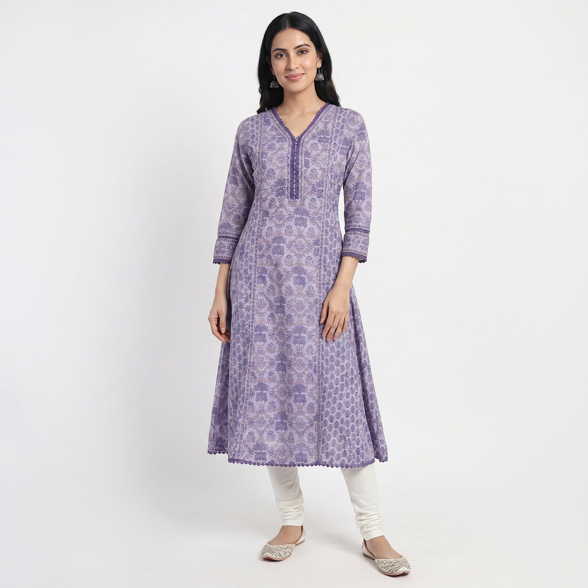 Cotton Printed V-Neck Kurta