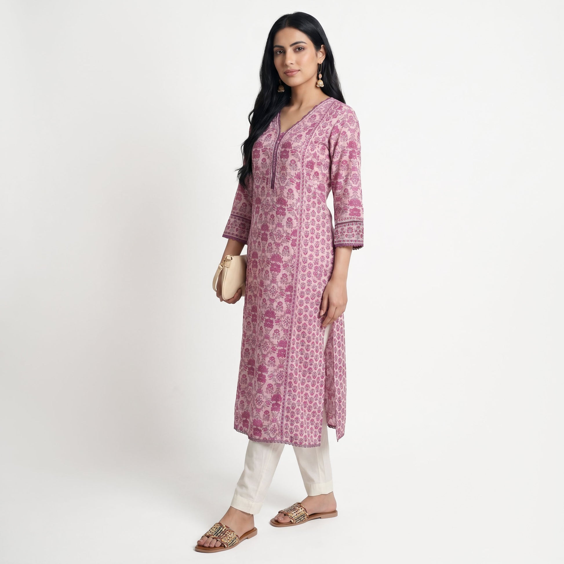 Cotton Printed V-Neck Kurta