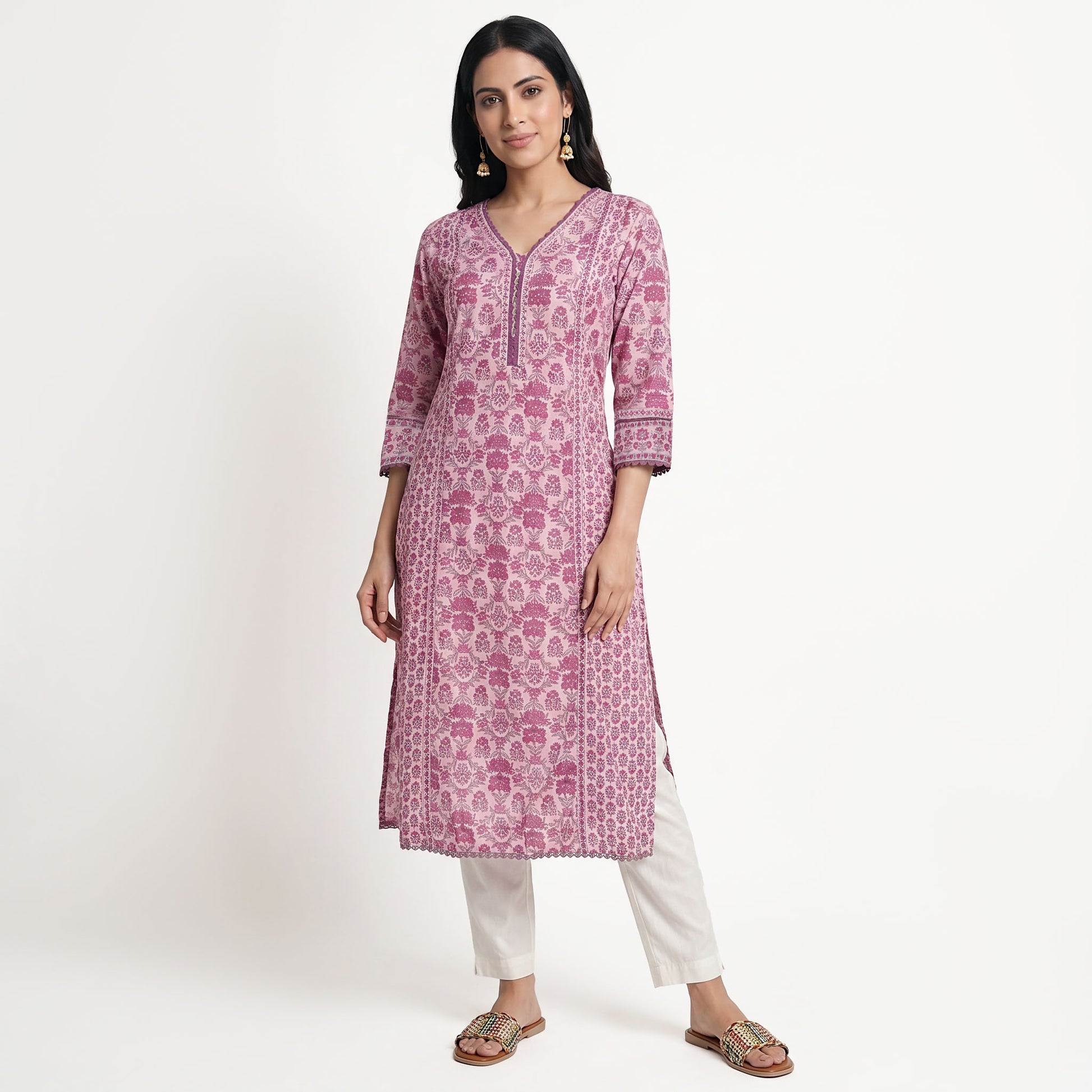 Cotton Printed V-Neck Kurta