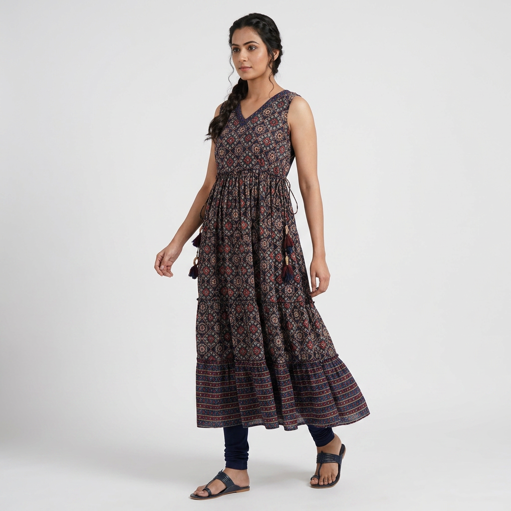 Cotton Printed V-Neck Straight Kurta