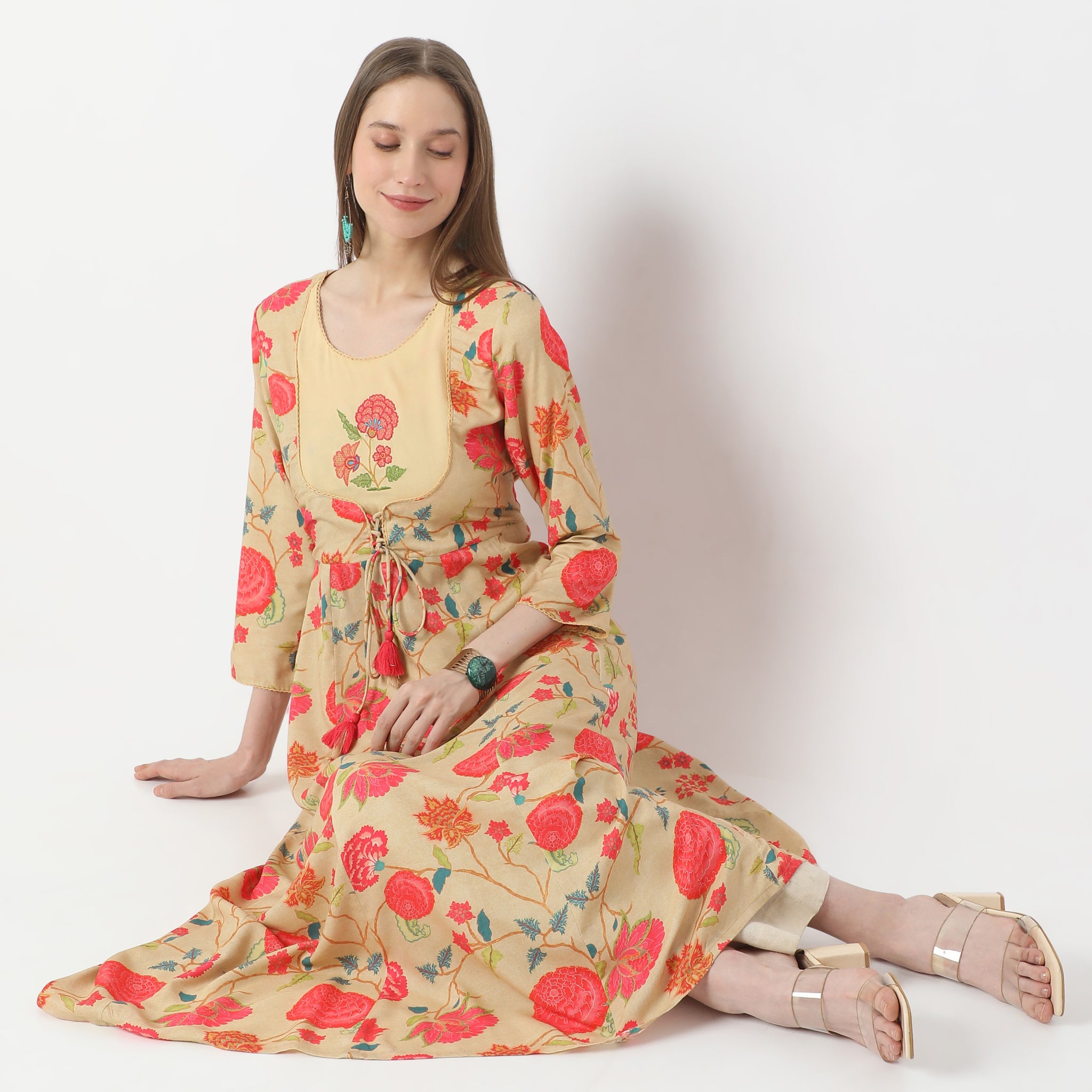 All Over Floral Print Blossoming Reflections Gathered Kurta with Mock Jacket Style