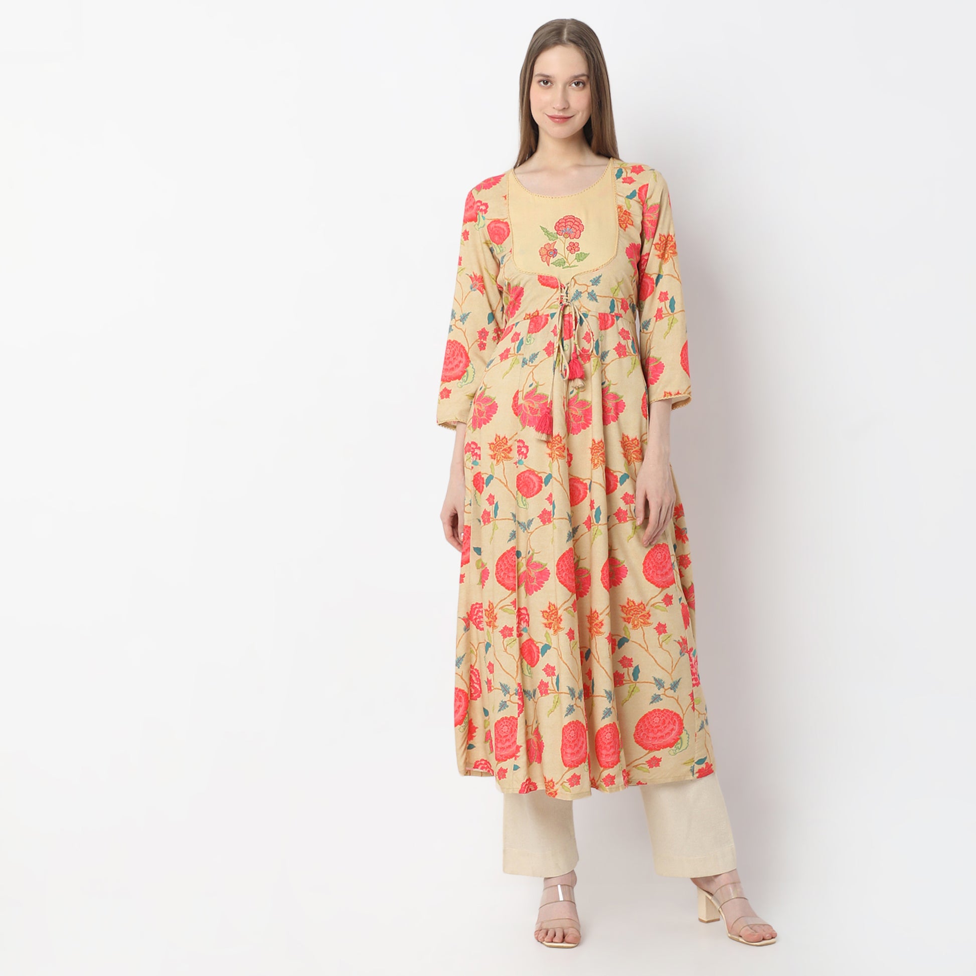 All Over Floral Print Blossoming Reflections Gathered Kurta with Mock Jacket Style