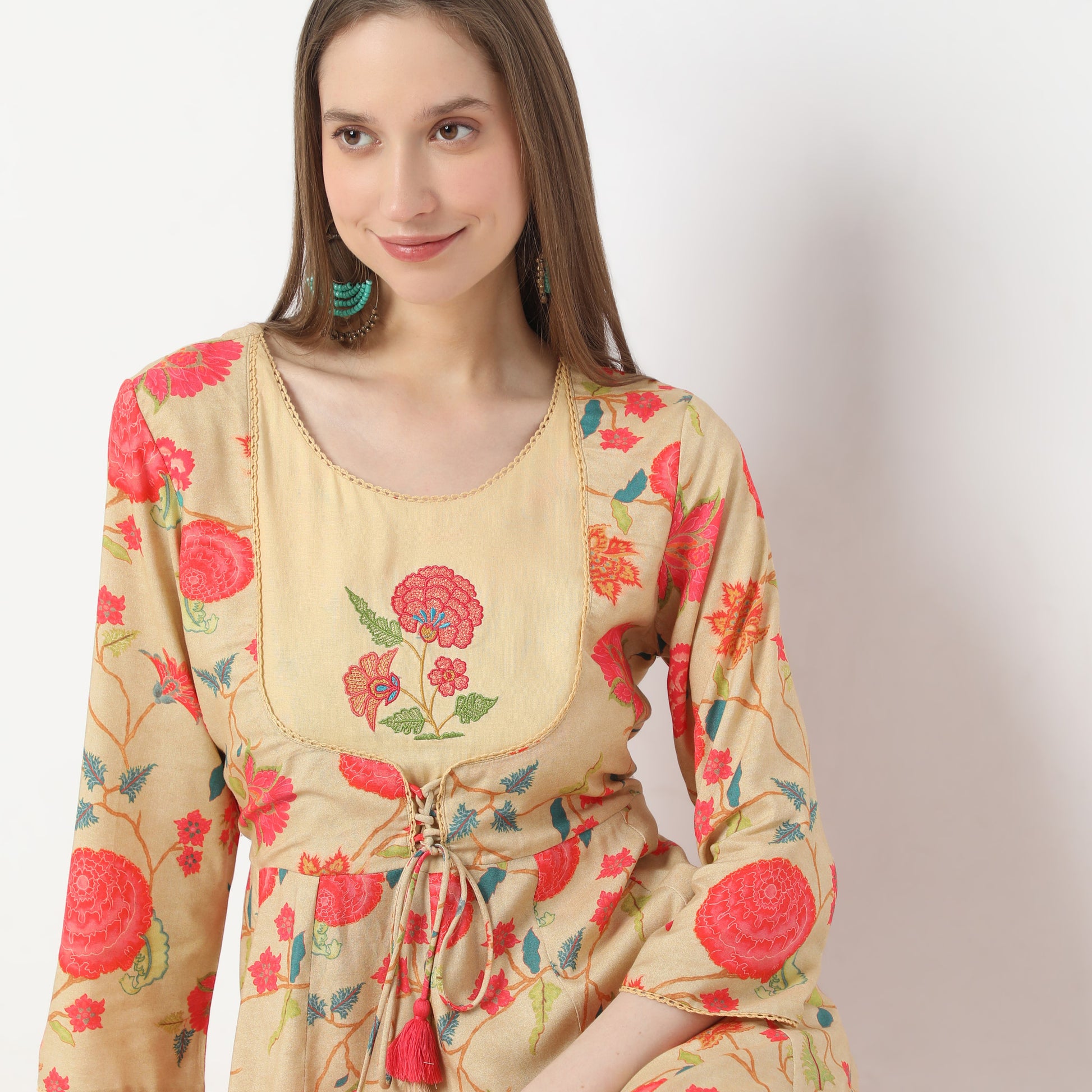 All Over Floral Print Blossoming Reflections Gathered Kurta with Mock Jacket Style