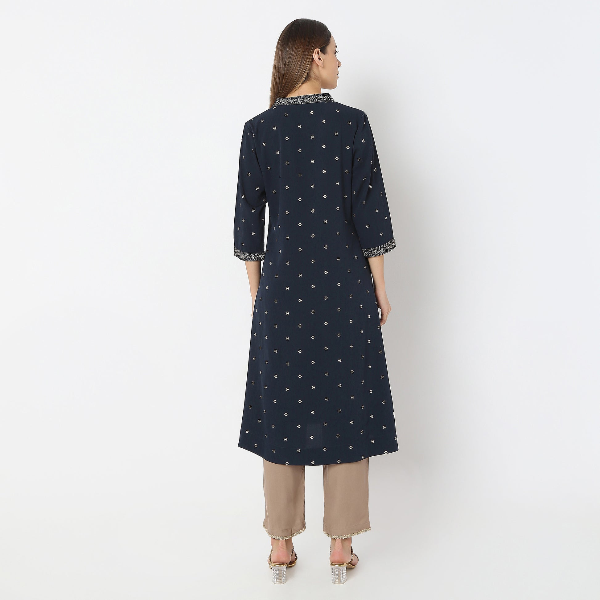 Printed Below Knee V-Neck Embroidered Majesty Flared Kurta