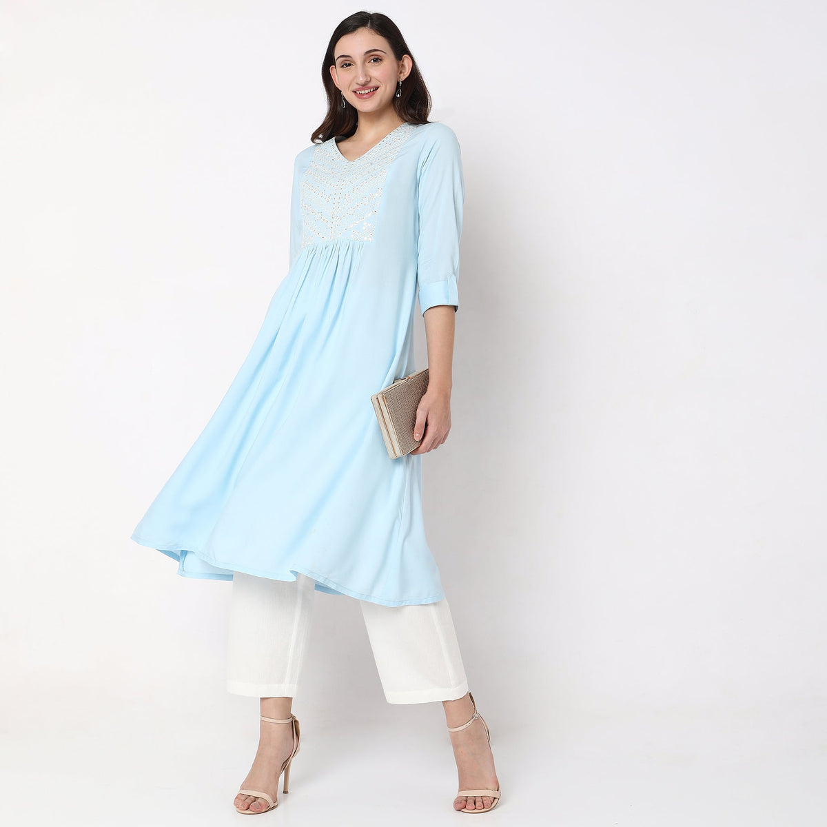 Women Wearing Flare Fit Embellished Kurta