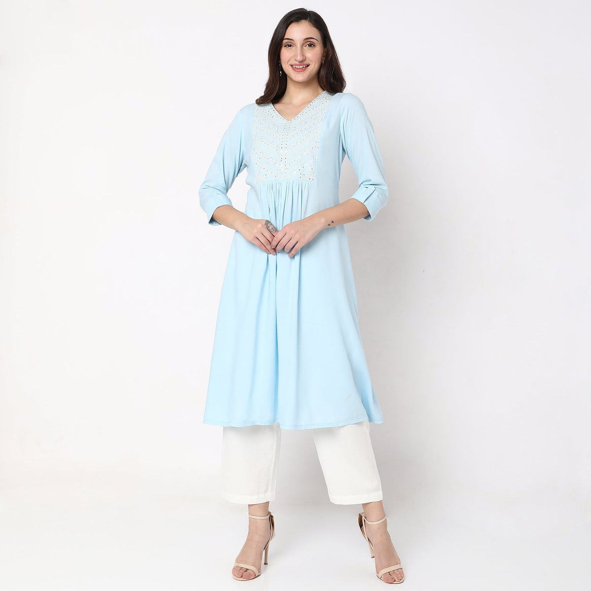 Women Wearing Flare Fit Embellished Kurta