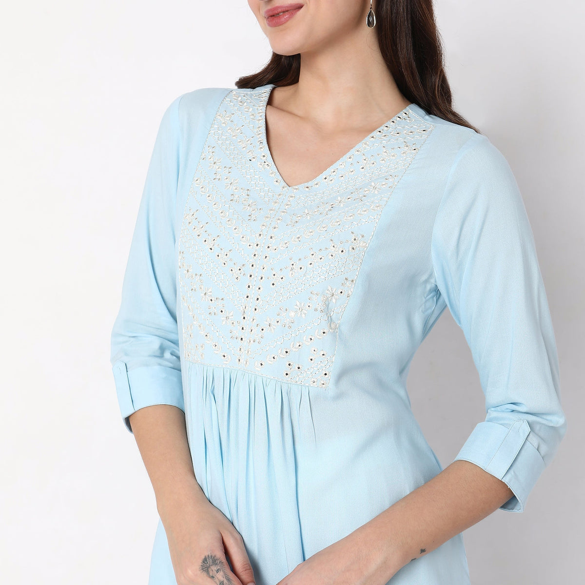 Women Wearing Flare Fit Embellished Kurta