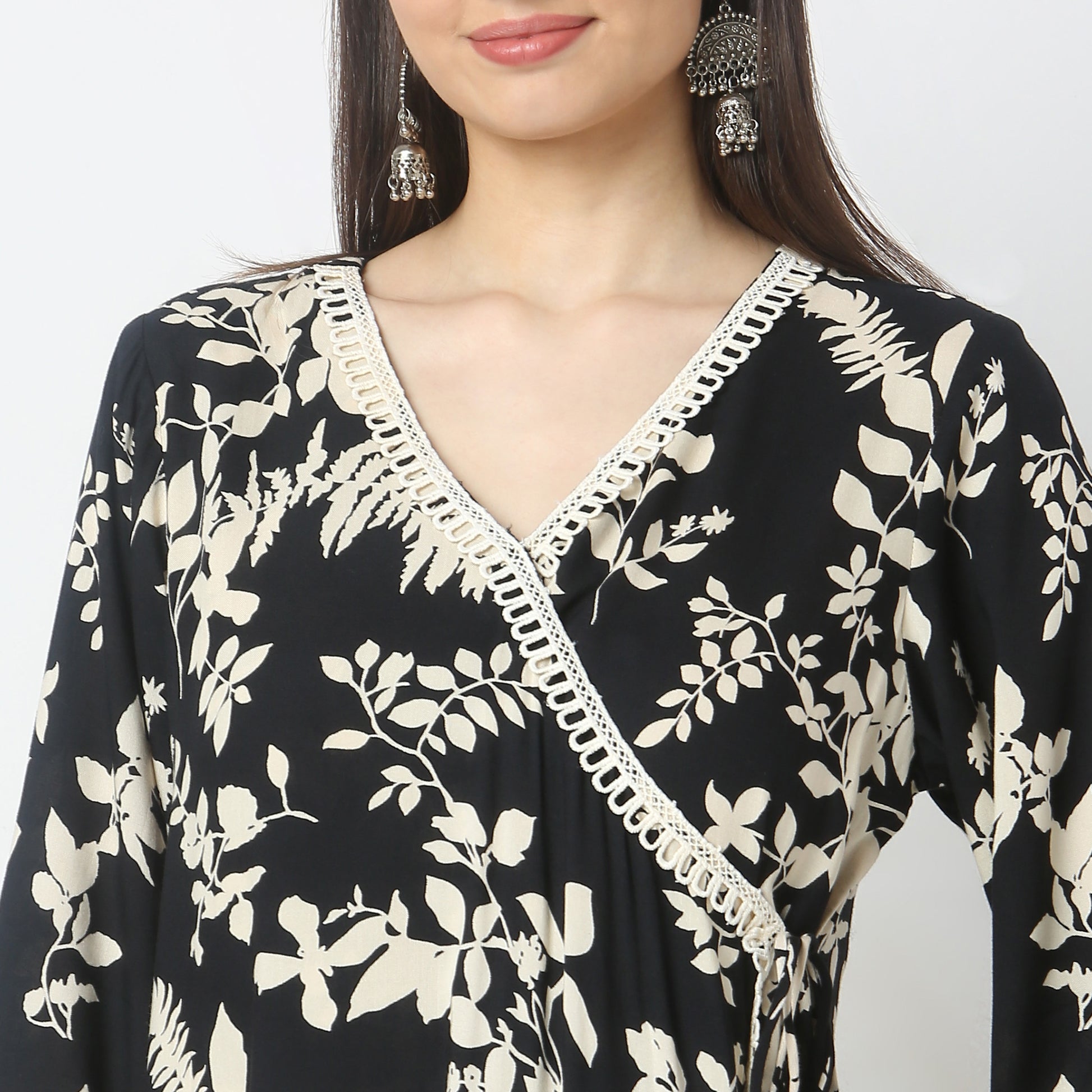 A-Line Printed Knee Length V-Neck Flared Kurta