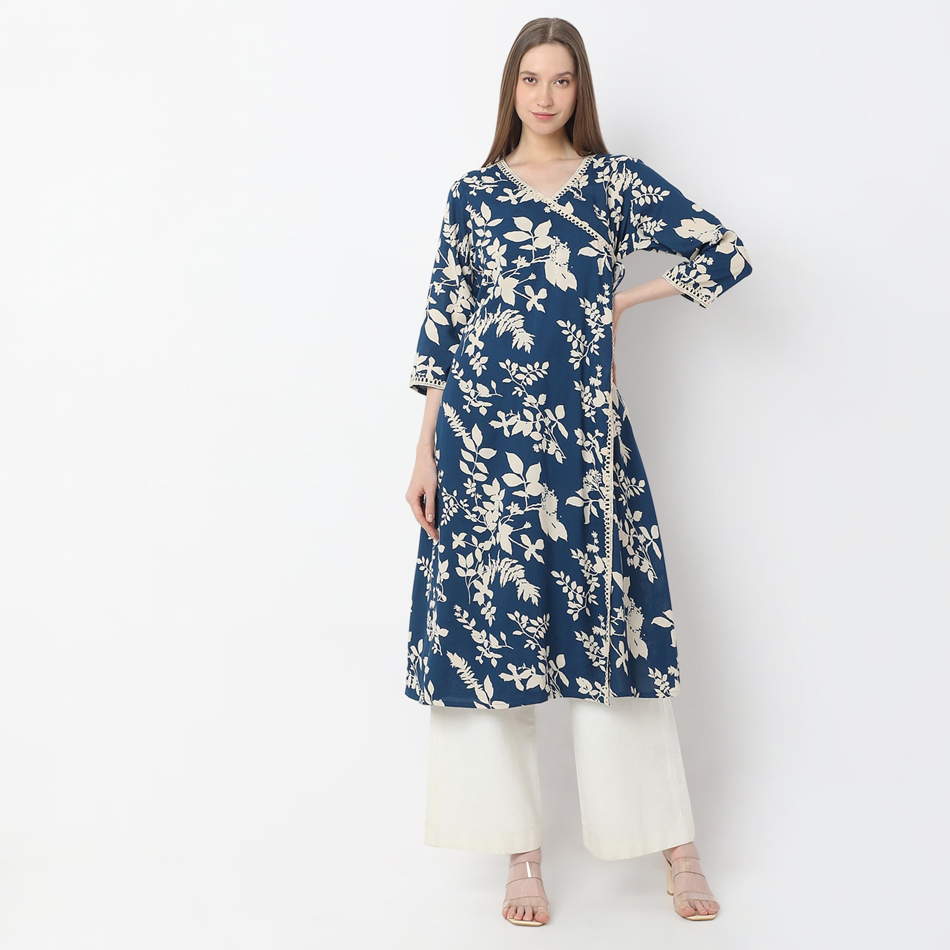 A-Line Printed Knee Length V-Neck Flared Kurta